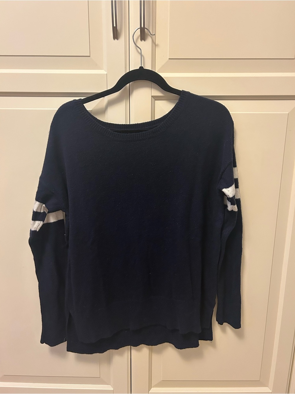 American Eagle Outfitters Navy Crewneck Sweater with White Sleeve Stripes